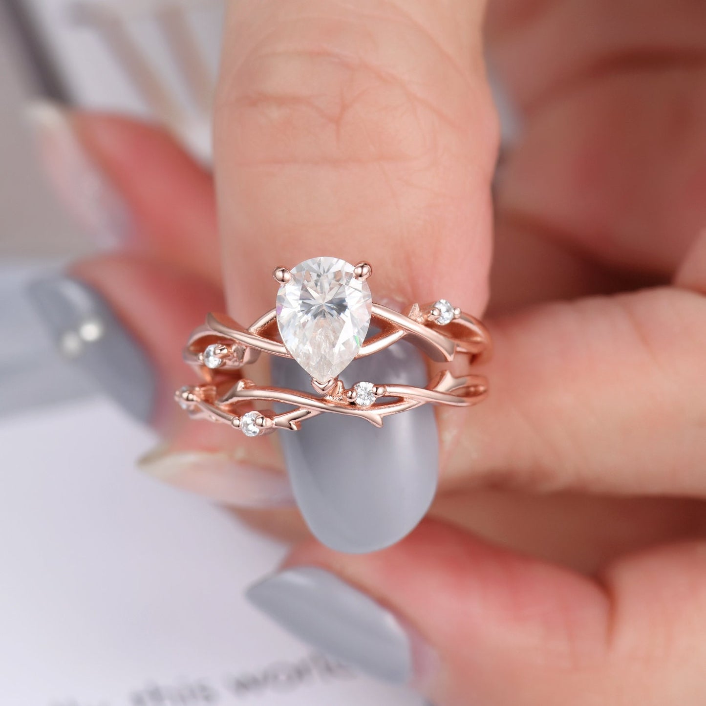 1.25CT Pear Moissanite Wedding Ring,Dainty Moissanite Engagement Ring,Teardrop Moissanite Ring,Vintage Twig Diamond Ring,Leaf Vine Ring Gift