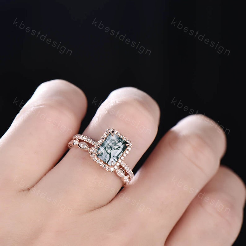 Vintage Emerald cut moss agate engagement ring set 14k rose gold art deco wedding ring for women unique bridal promise ring set Anniversary