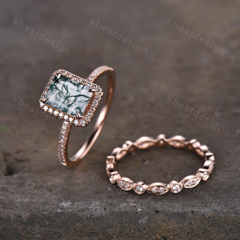 Vintage Emerald cut moss agate engagement ring set 14k rose gold art deco wedding ring for women unique bridal promise ring set Anniversary