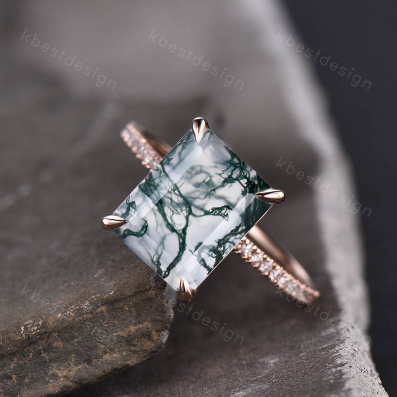 Emerald cut moss agate ring rose gold vintage engagement ring statement ring half eternity wedding bridal band anniversary promise ring
