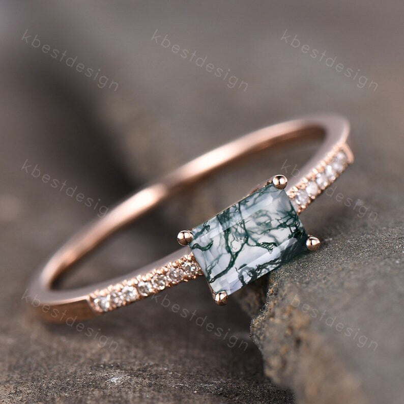 Dainty Moss Agate Rose Gold Ring Emerald Cut Moss Agate Engagement Ring Art Deco Half Eternity Bridal Wedding Promise Ring Gift for Her