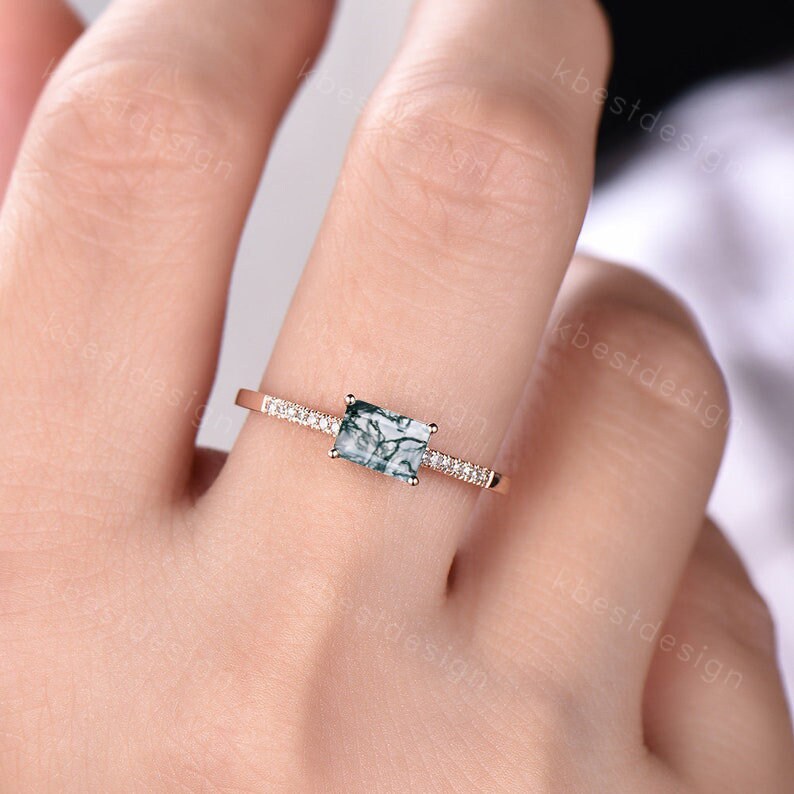 Dainty Moss Agate Rose Gold Ring Emerald Cut Moss Agate Engagement Ring Art Deco Half Eternity Bridal Wedding Promise Ring Gift for Her