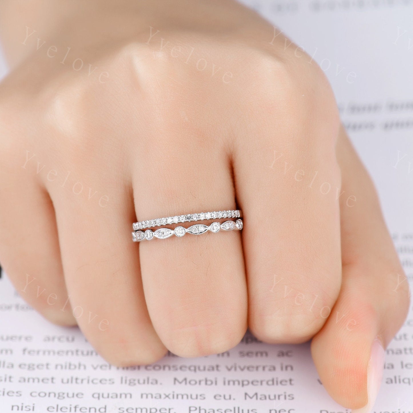 Diamond wedding ring Set diamond wedding band half eternity ring engagement ring stacking matching band Milgrain style solid 14k rose gold