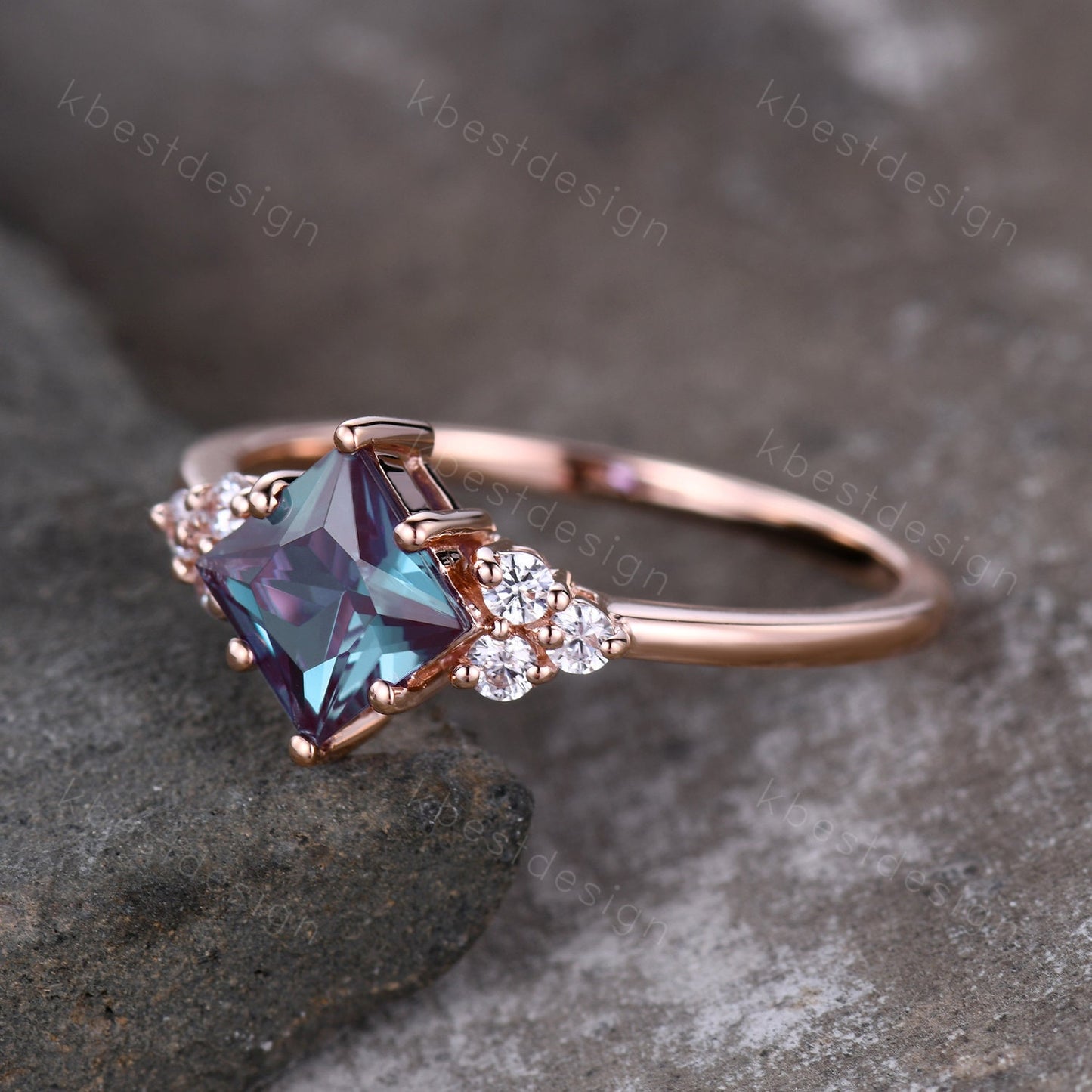 Princess cut Alexandrite ring rose gold ring for women vintage unique Alexandrite engagement ring art deco cluster bridal promise ring