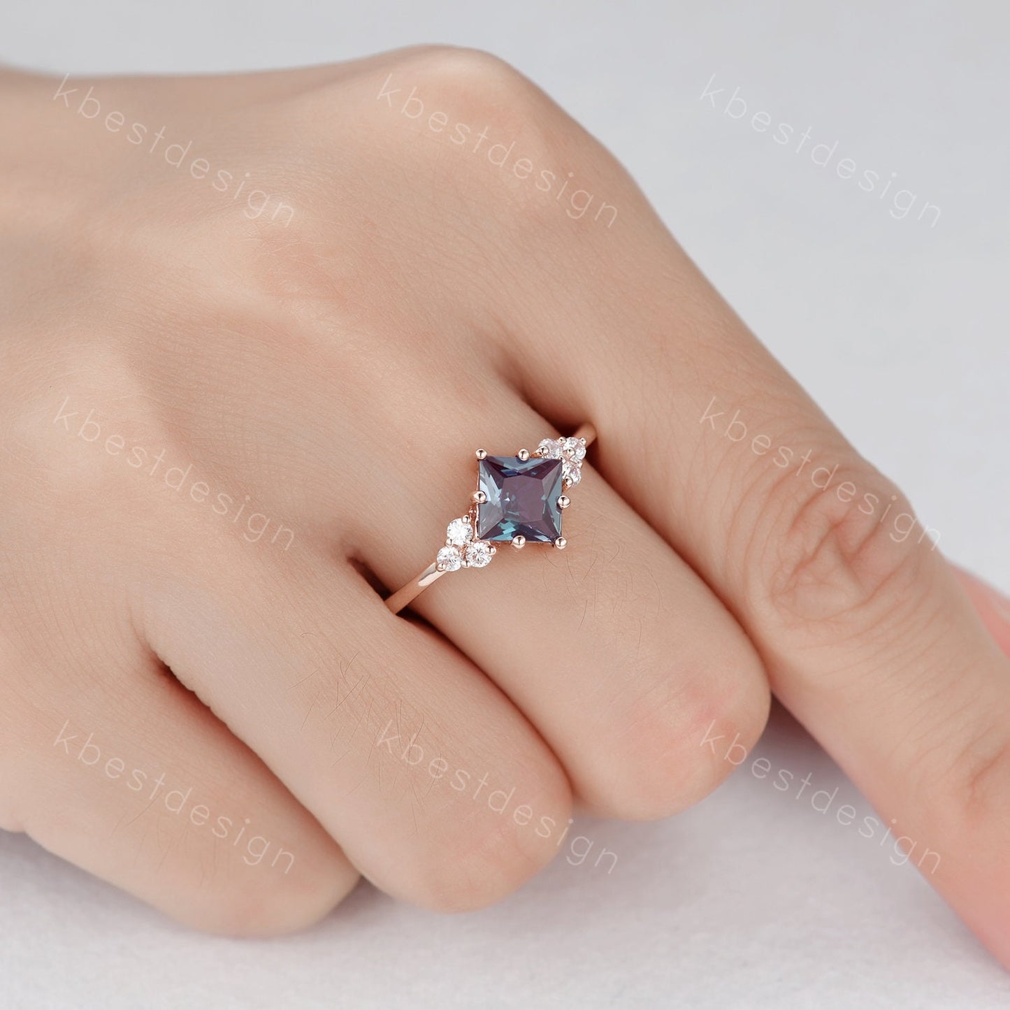Princess cut Alexandrite ring rose gold ring for women vintage unique Alexandrite engagement ring art deco cluster bridal promise ring