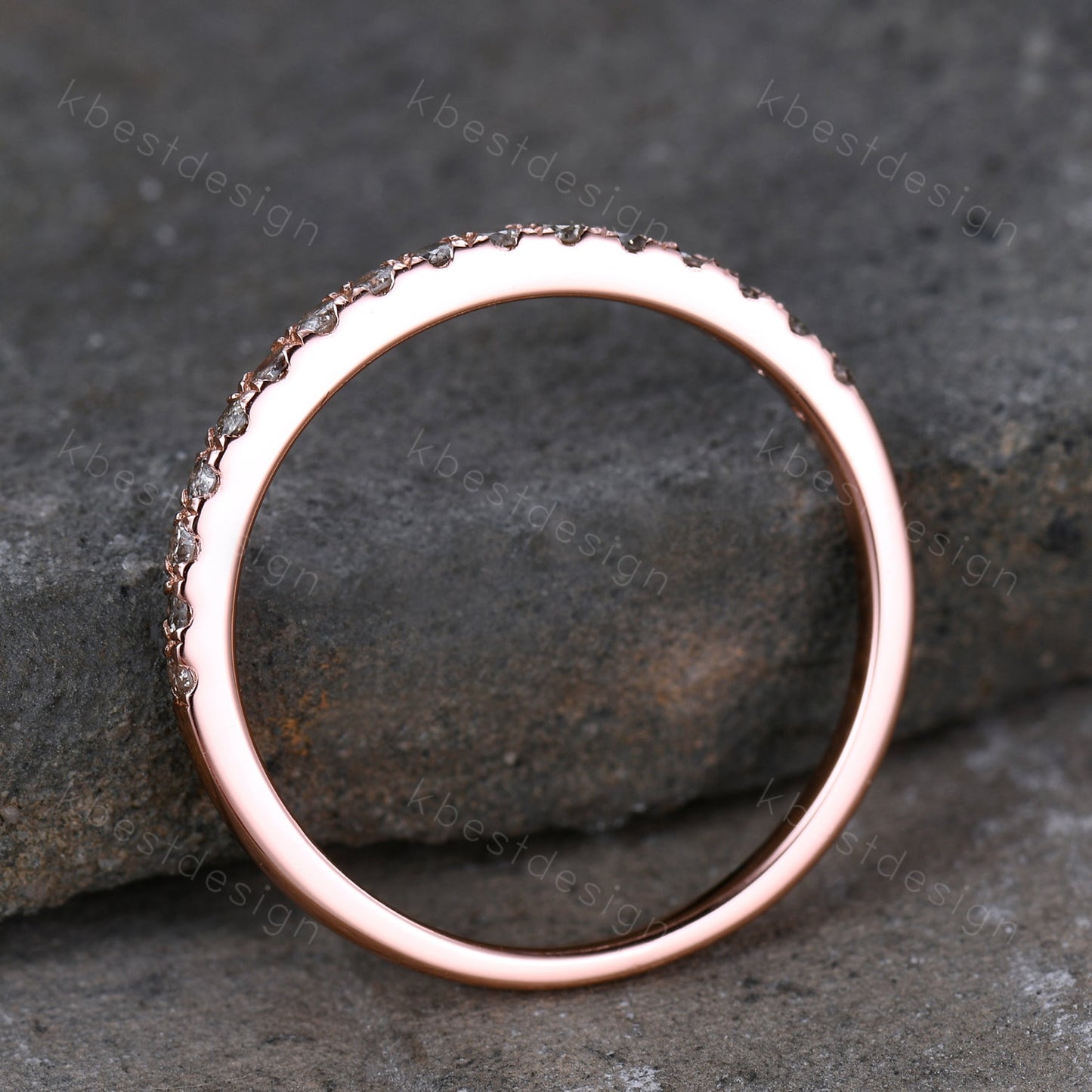 Dainty Thin 1.5mm Salt and Pepper Diamond Wedding Band Rose Gold Half Eternity Diamond Ring Delicate Stacking Matching Anniversary Gift