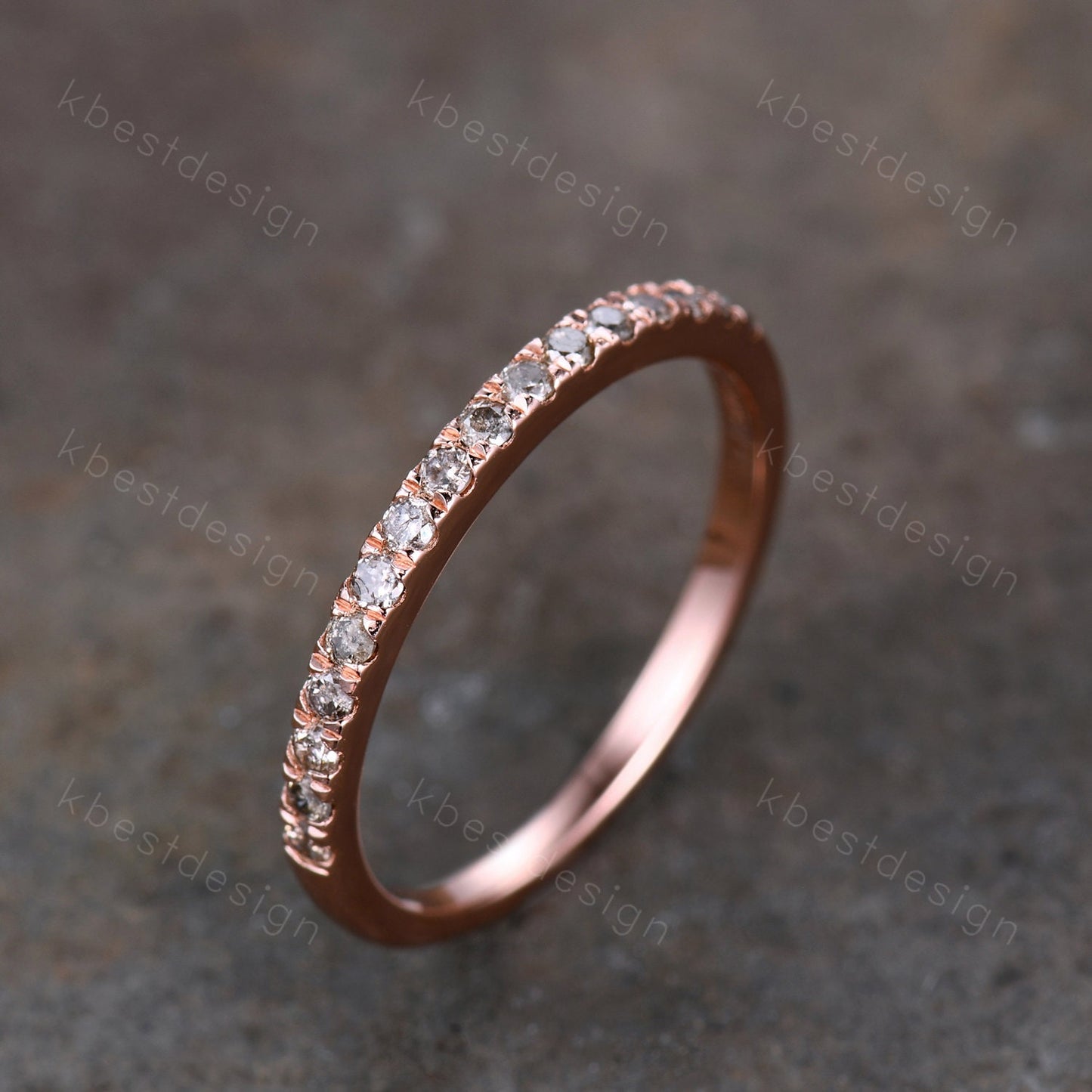 Dainty Thin 1.5mm Salt and Pepper Diamond Wedding Band Rose Gold Half Eternity Diamond Ring Delicate Stacking Matching Anniversary Gift