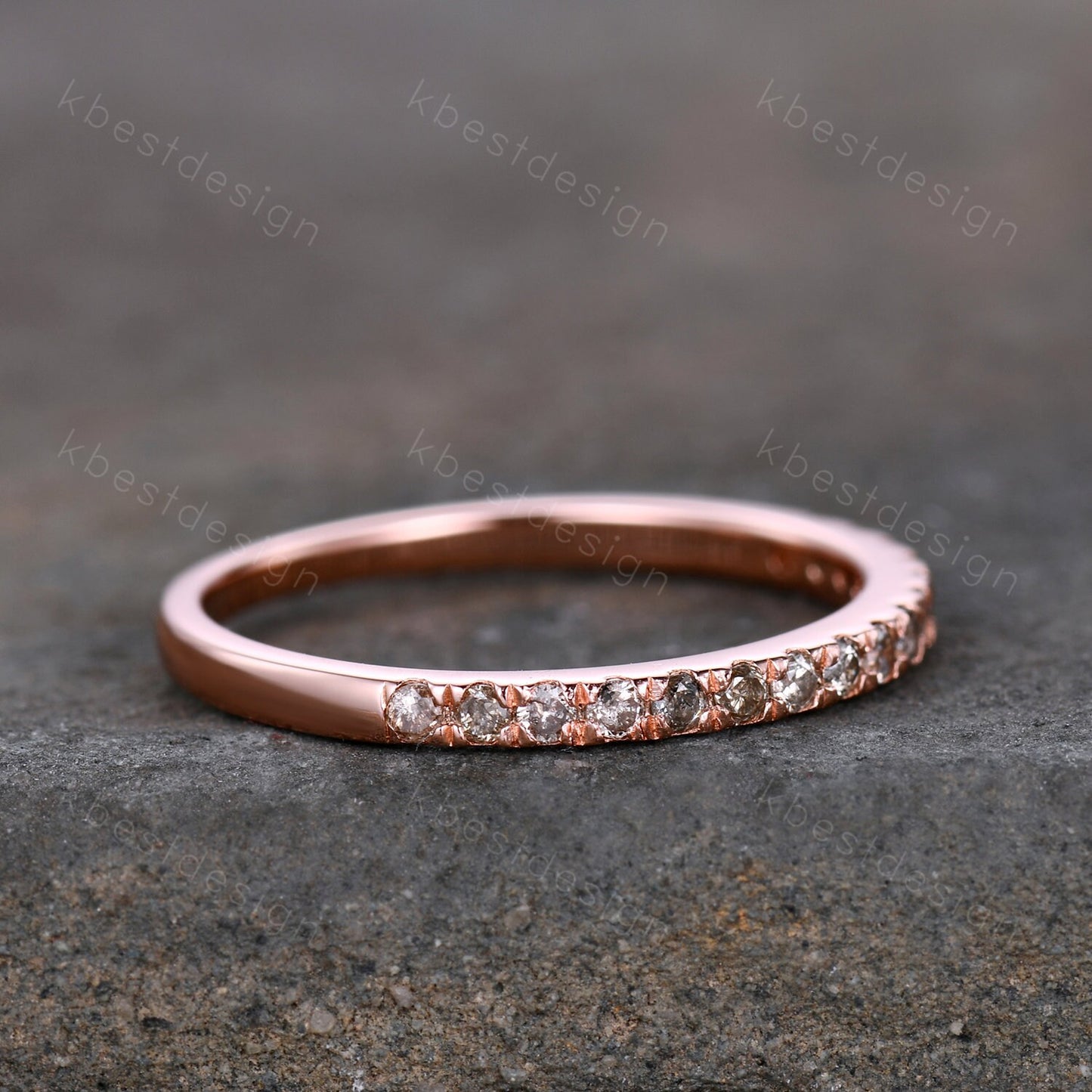 Dainty Thin 1.5mm Salt and Pepper Diamond Wedding Band Rose Gold Half Eternity Diamond Ring Delicate Stacking Matching Anniversary Gift