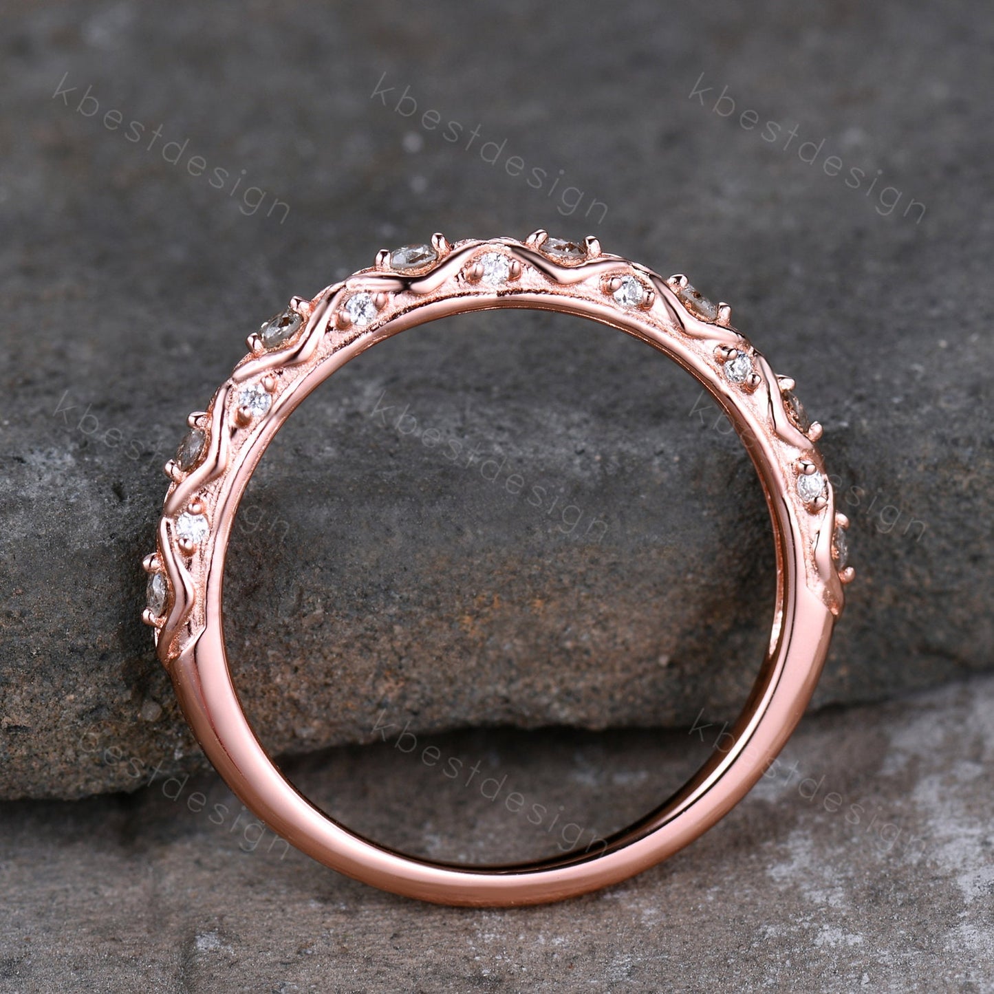 Vintage Rose gold Natural Diamond wedding band Unique Salt and pepper diamond wedding band Half Eternity Stacking Matching band Gift for Her