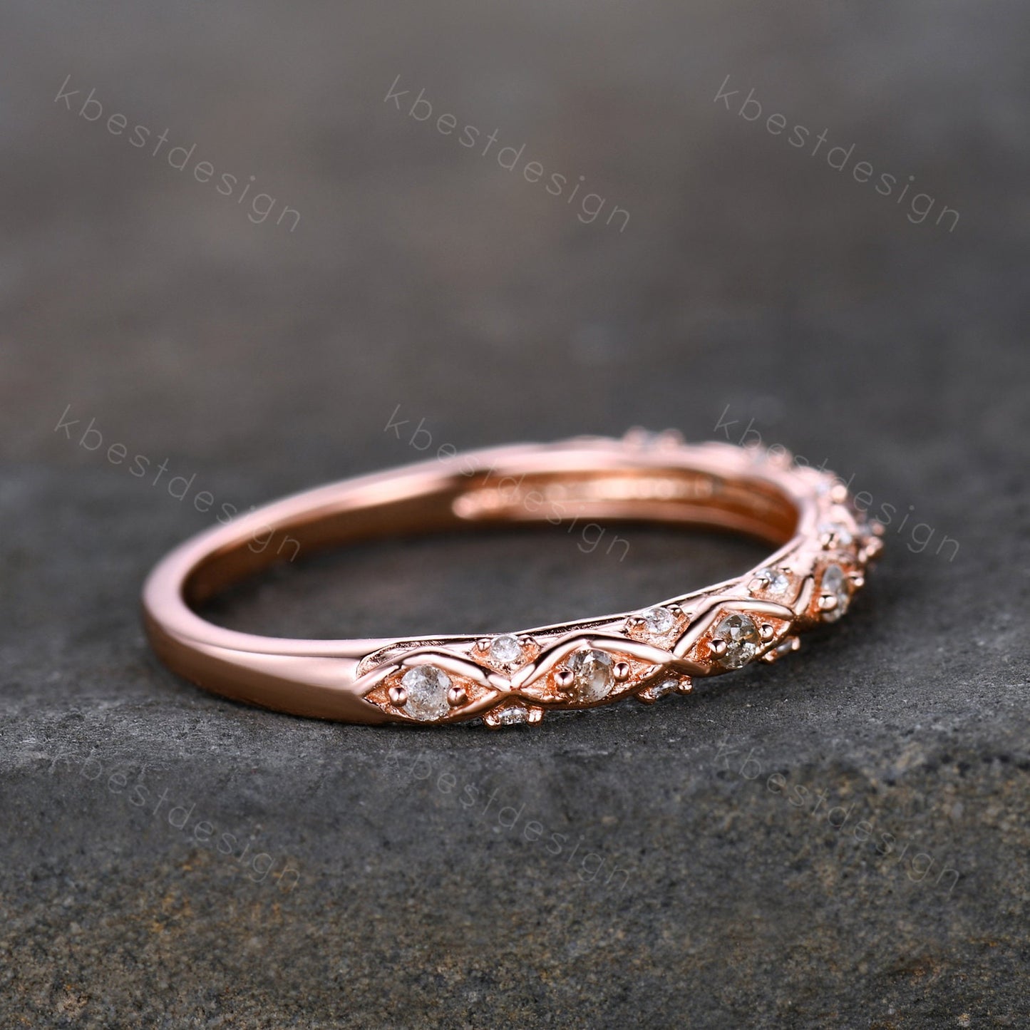 Vintage Rose gold Natural Diamond wedding band Unique Salt and pepper diamond wedding band Half Eternity Stacking Matching band Gift for Her