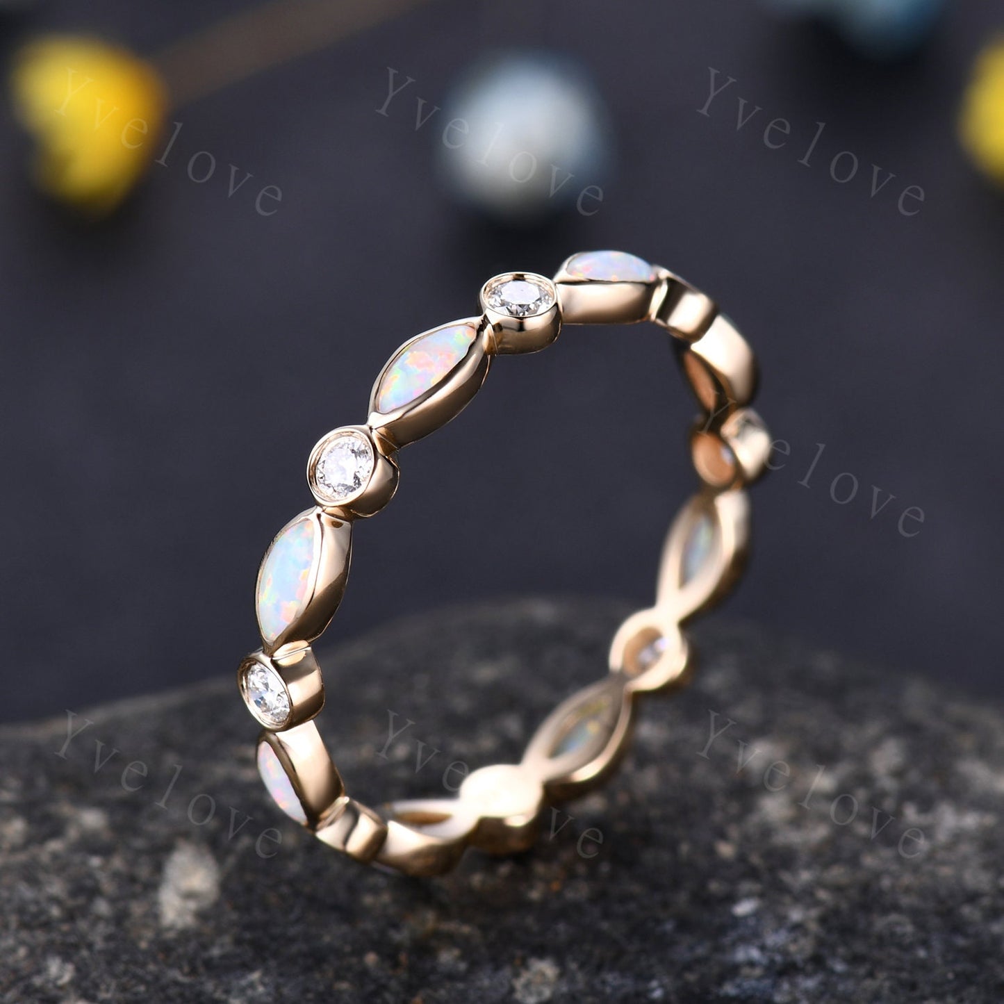 Full eternity white fire Opal wedding ring 14k rose gold diamond wedding band marquise opal band October Birthstone stacking matching band