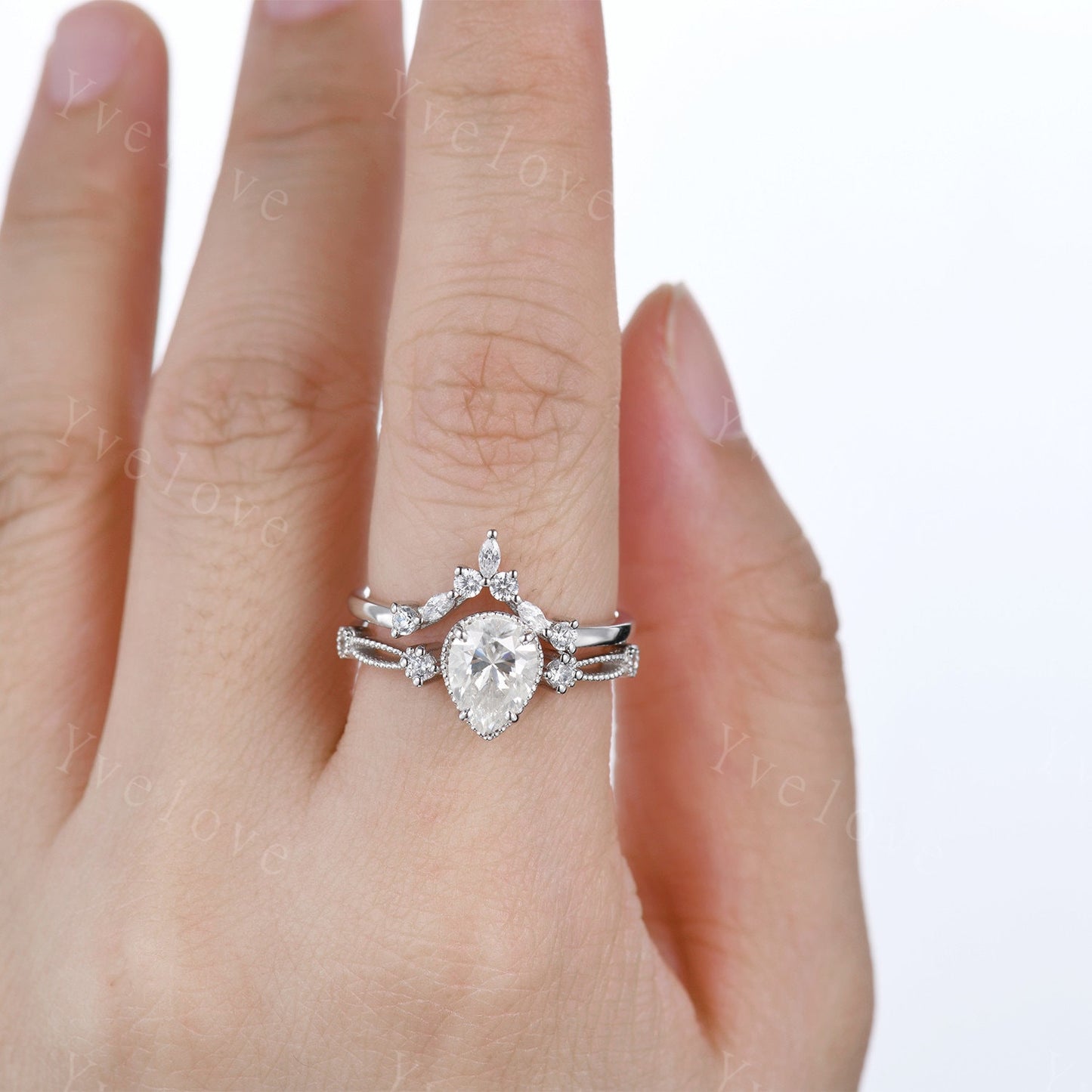 Pear moissanite engagement ring set white gold vintage engagement ring unique cluster marquise diamond wedding anniversary women ring set