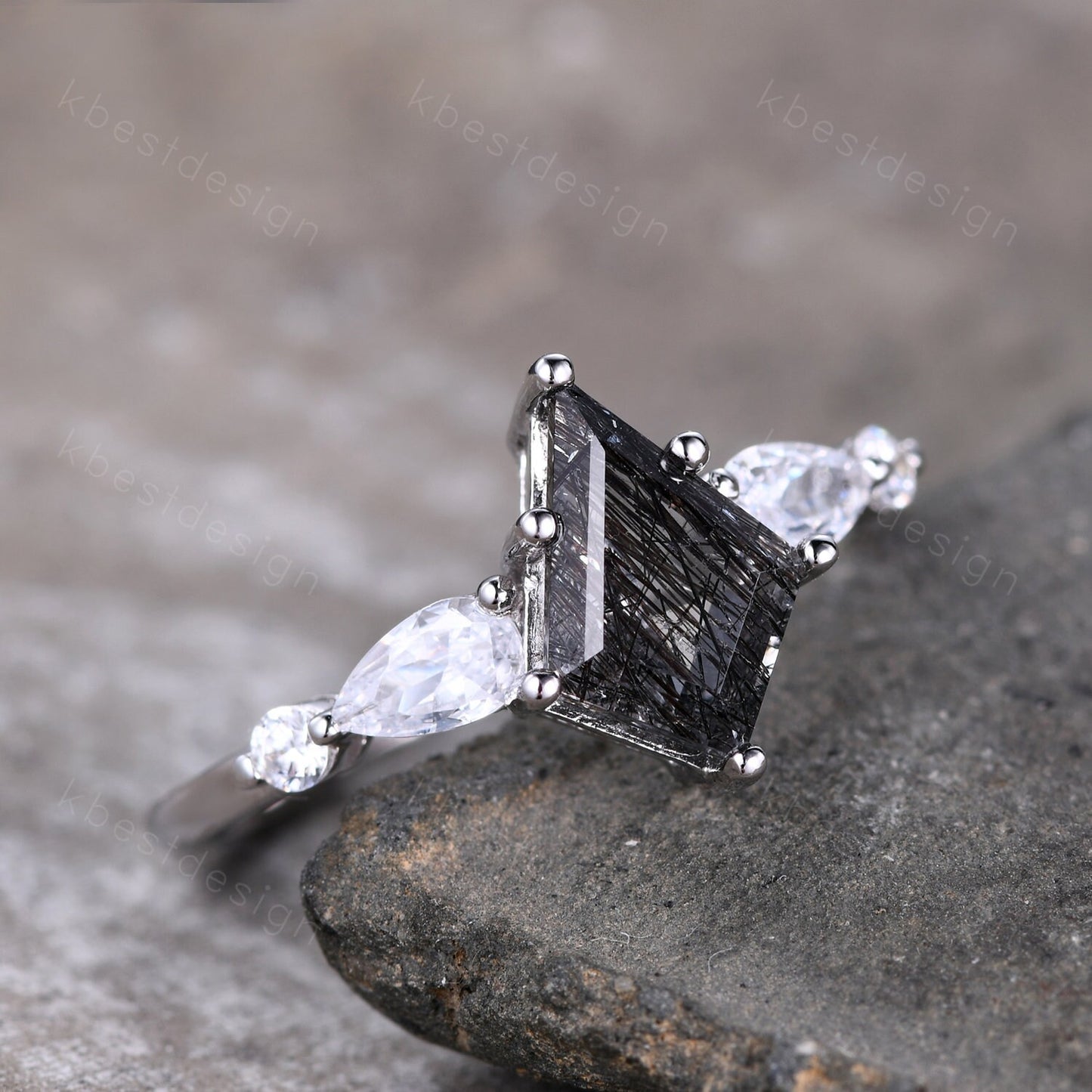 Vintage black rutilated quartz engagement ring rose gold kite cut ring art deco ring for women unique pear diamond bridal promise ring