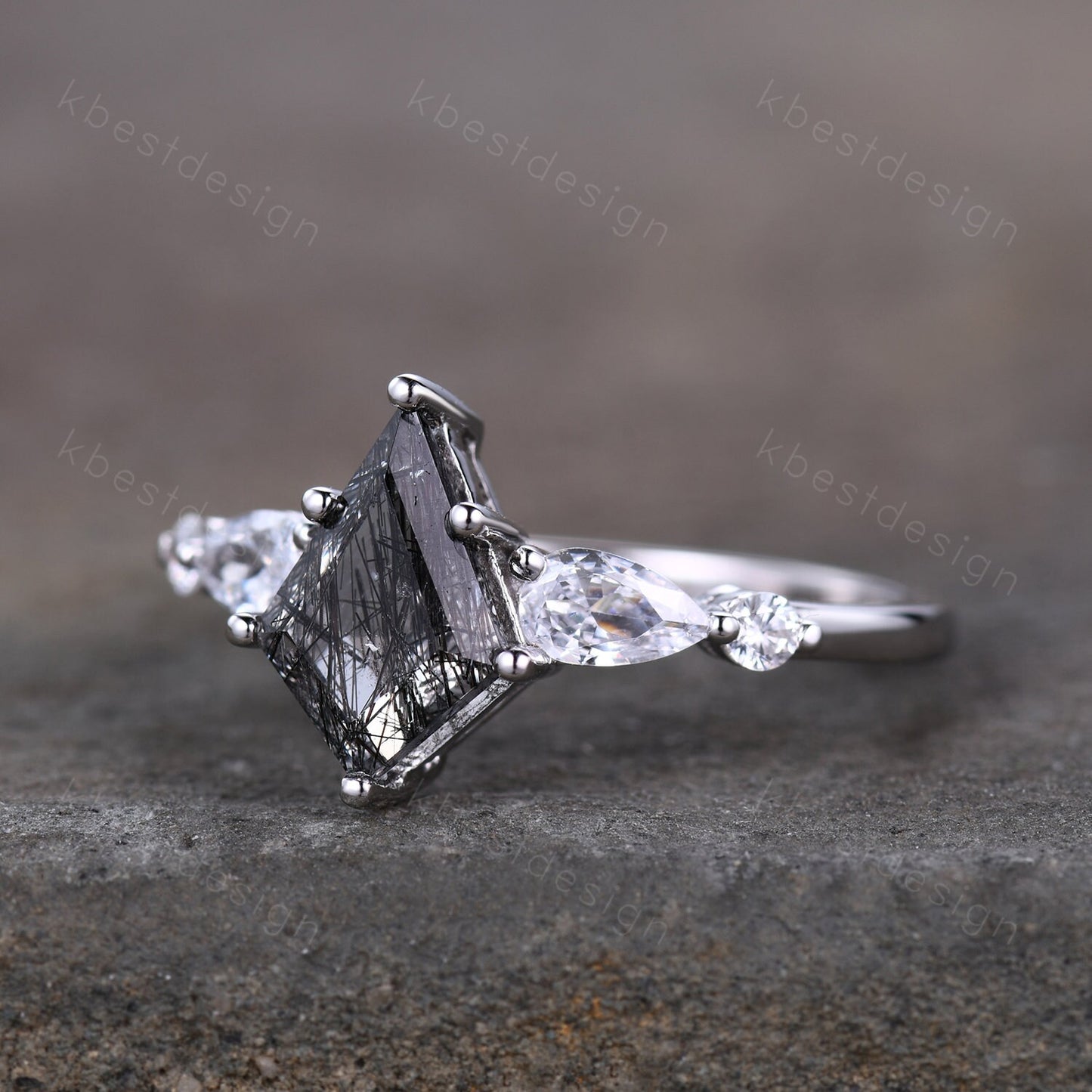 Vintage black rutilated quartz engagement ring rose gold kite cut ring art deco ring for women unique pear diamond bridal promise ring