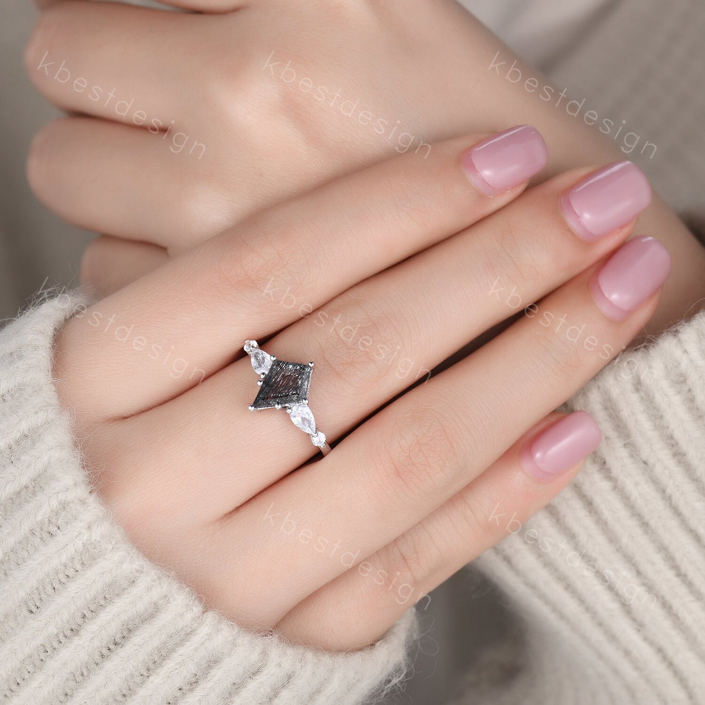 Vintage black rutilated quartz engagement ring rose gold kite cut ring art deco ring for women unique pear diamond bridal promise ring