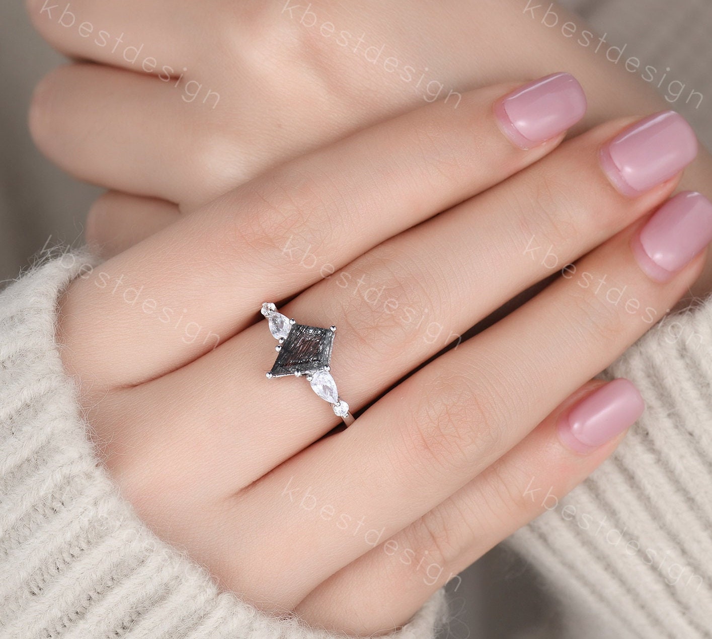 Vintage black rutilated quartz engagement ring rose gold kite cut ring art deco ring for women unique pear diamond bridal promise ring