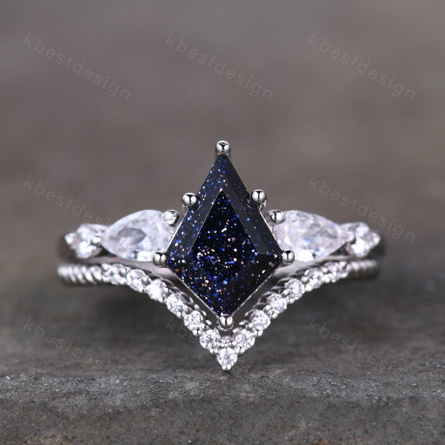 Vintage Kite Cut Blue Sandstone Engagement Ring Set Sterling Silver Ring Unique Pear Shaped Diamond Wedding Bridal Ring Promise Anniversary