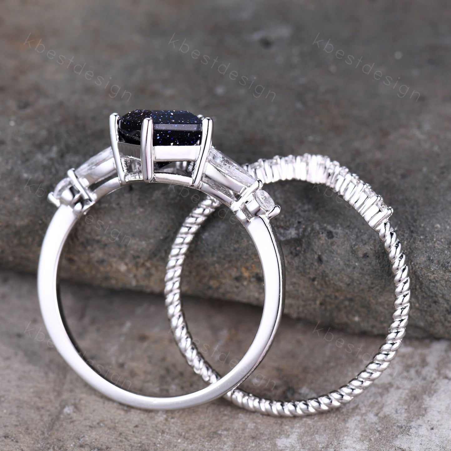 Vintage Kite Cut Blue Sandstone Engagement Ring Set Sterling Silver Ring Unique Pear Shaped Diamond Wedding Bridal Ring Promise Anniversary