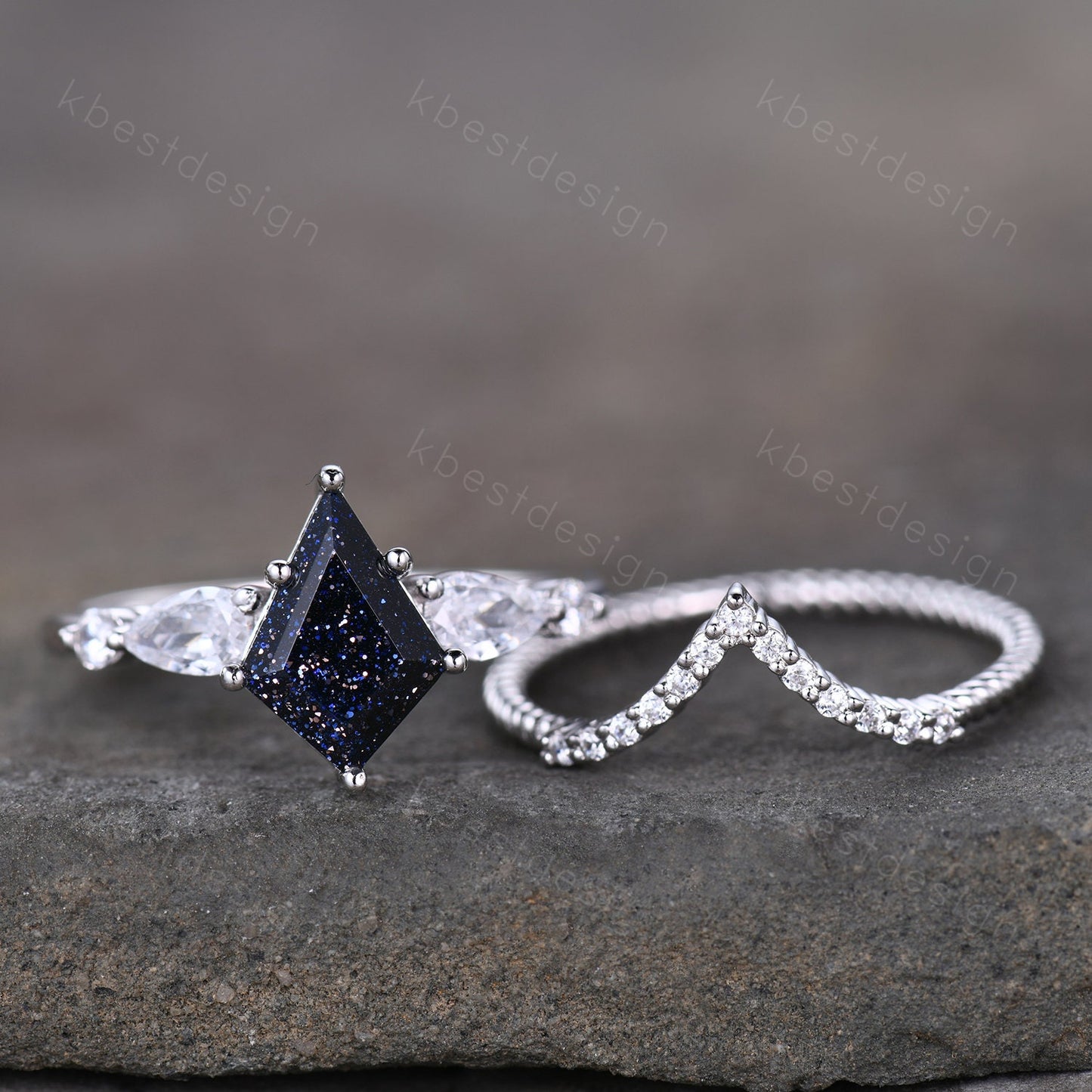 Vintage Kite Cut Blue Sandstone Engagement Ring Set Sterling Silver Ring Unique Pear Shaped Diamond Wedding Bridal Ring Promise Anniversary