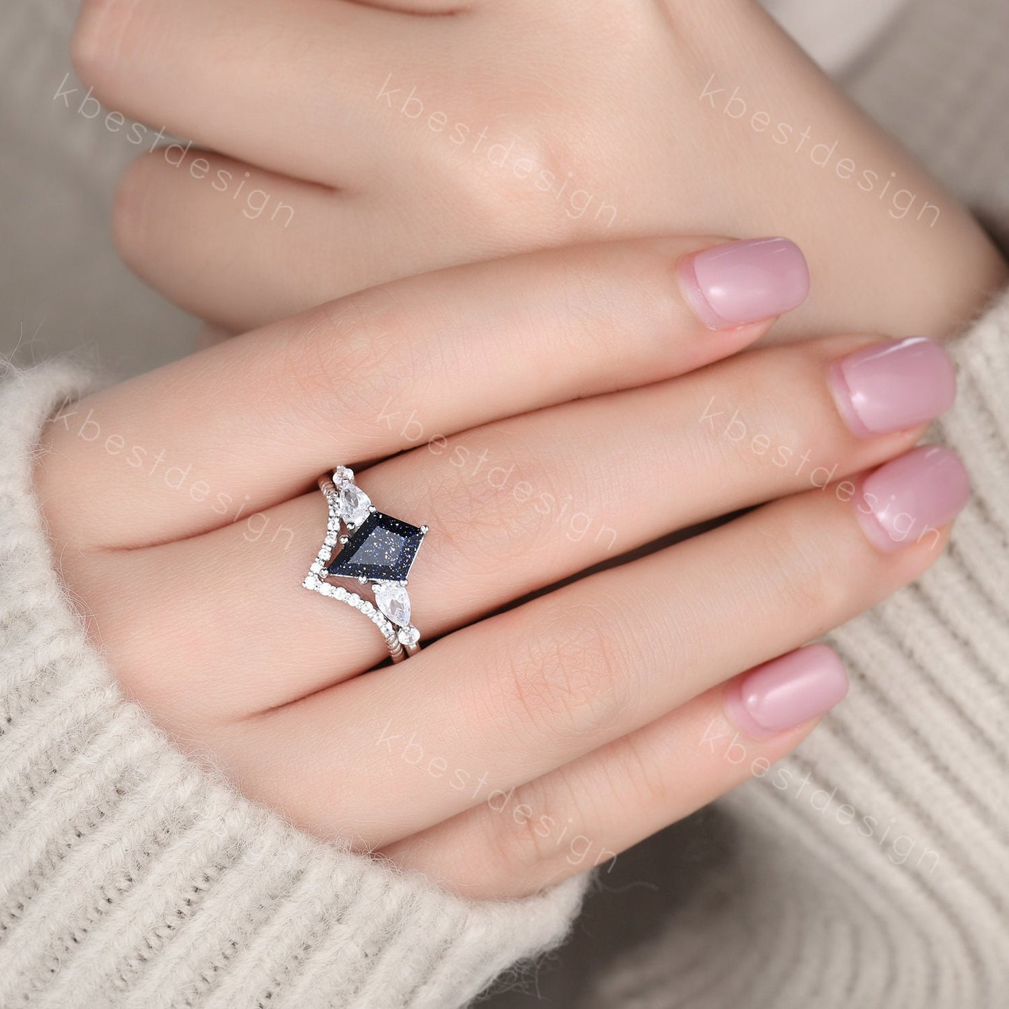 Vintage Kite Cut Blue Sandstone Engagement Ring Set Sterling Silver Ring Unique Pear Shaped Diamond Wedding Bridal Ring Promise Anniversary