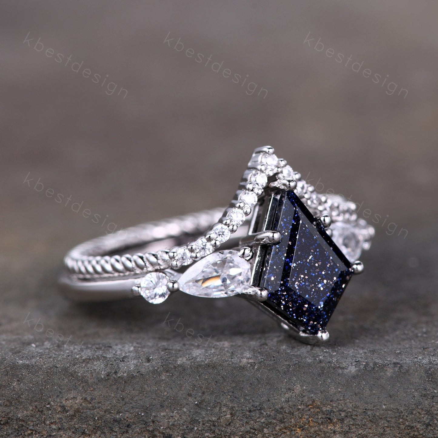 Vintage Kite Cut Blue Sandstone Engagement Ring Set Sterling Silver Ring Unique Pear Shaped Diamond Wedding Bridal Ring Promise Anniversary