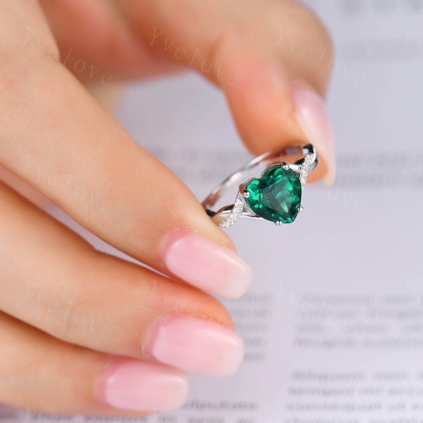 Heart shaped Emerald engagement ring,Twist diamond wedding ring,Infinity wedding band,14k white gold,Crossover band,Bridal Valentine's ring