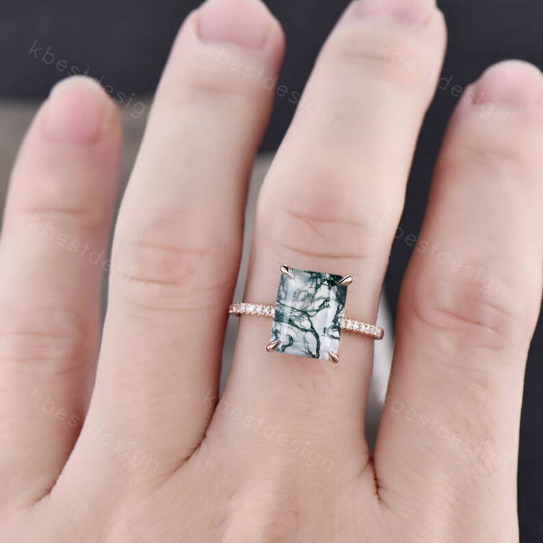 Emerald cut moss agate ring rose gold vintage engagement ring statement ring half eternity wedding bridal band anniversary promise ring