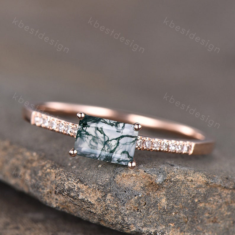 Dainty Moss Agate Rose Gold Ring Emerald Cut Moss Agate Engagement Ring Art Deco Half Eternity Bridal Wedding Promise Ring Gift for Her