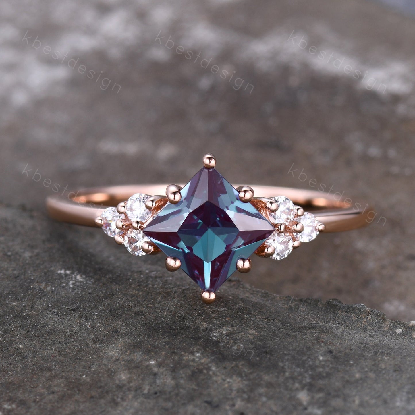 Princess cut Alexandrite ring rose gold ring for women vintage unique Alexandrite engagement ring art deco cluster bridal promise ring