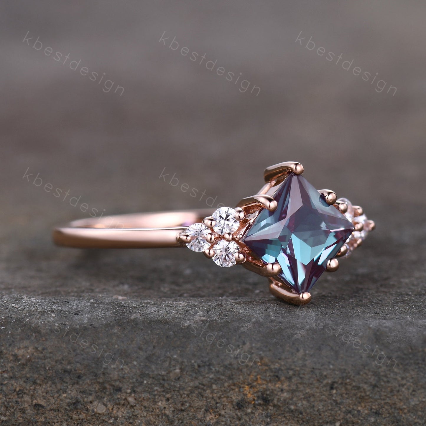 Princess cut Alexandrite ring rose gold ring for women vintage unique Alexandrite engagement ring art deco cluster bridal promise ring
