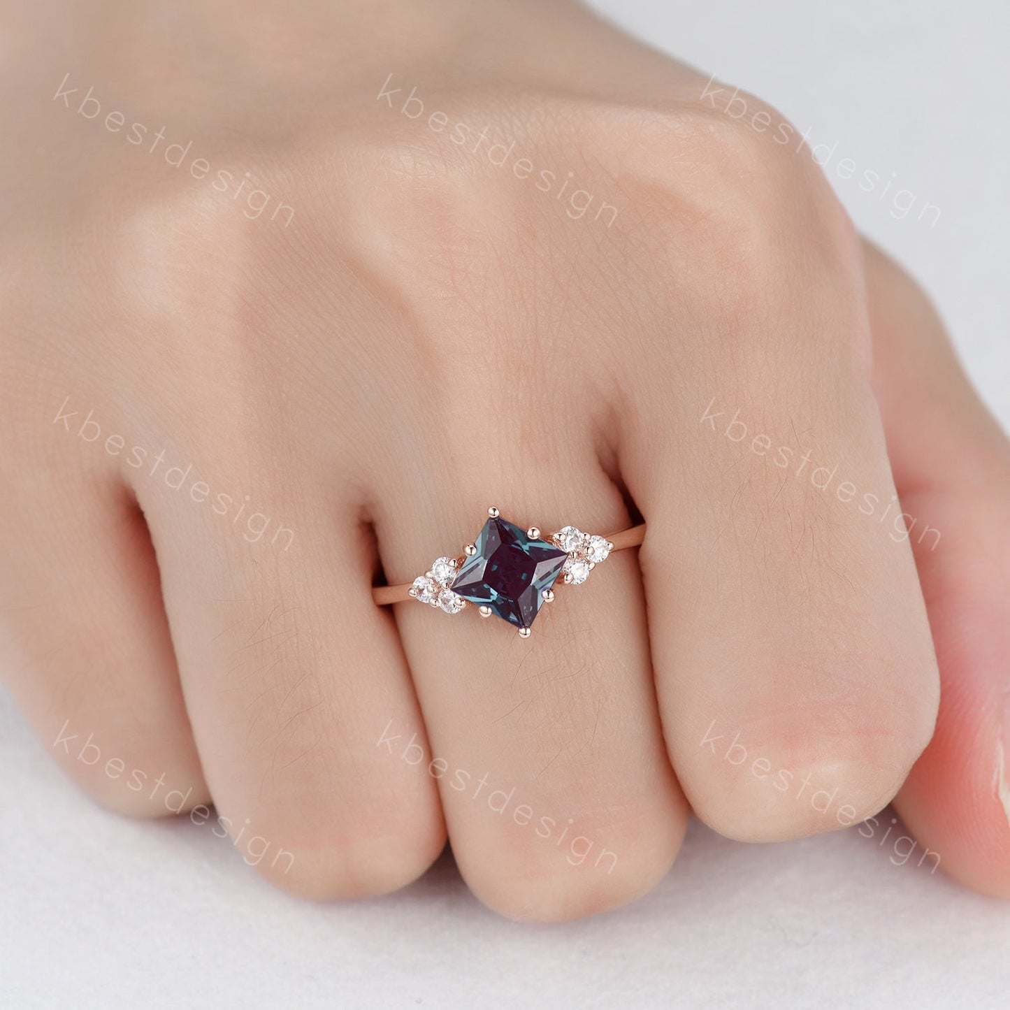Princess cut Alexandrite ring rose gold ring for women vintage unique Alexandrite engagement ring art deco cluster bridal promise ring