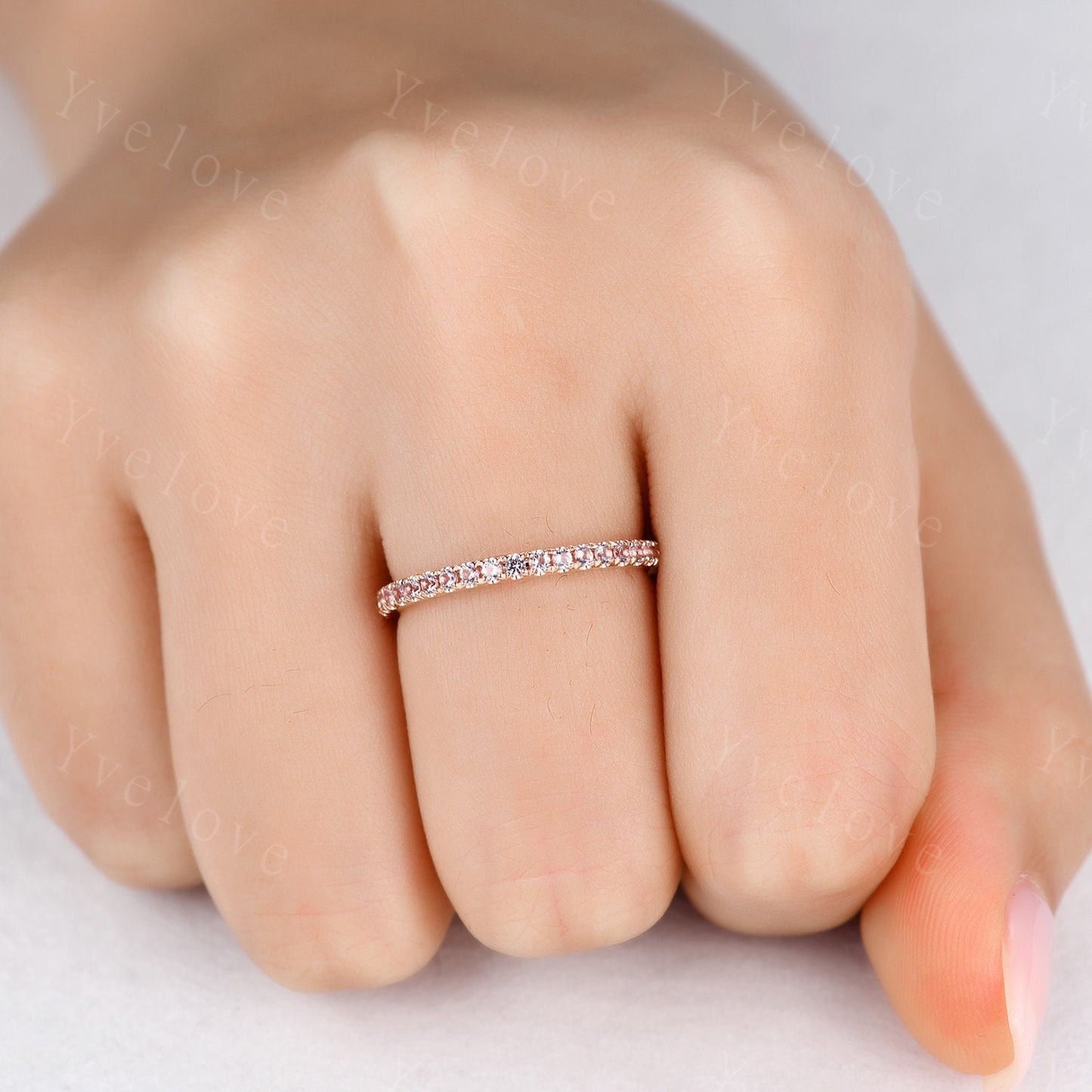 Pink Morganite wedding ring full eternity morganite engagement ring danity wedding band sterling silver women matching band stacking ring
