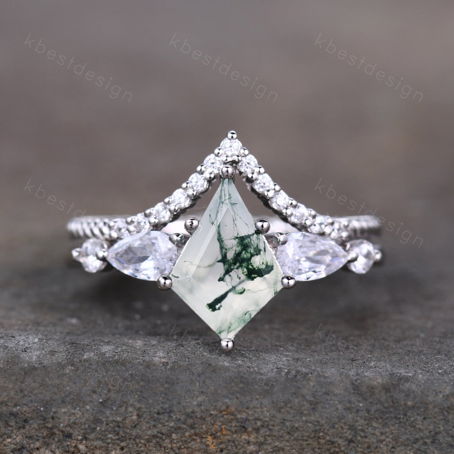 Vintage kite cut green moss agate engagement ring set sterling silver pear shaped wedding ring for women art deco bridal wedding set