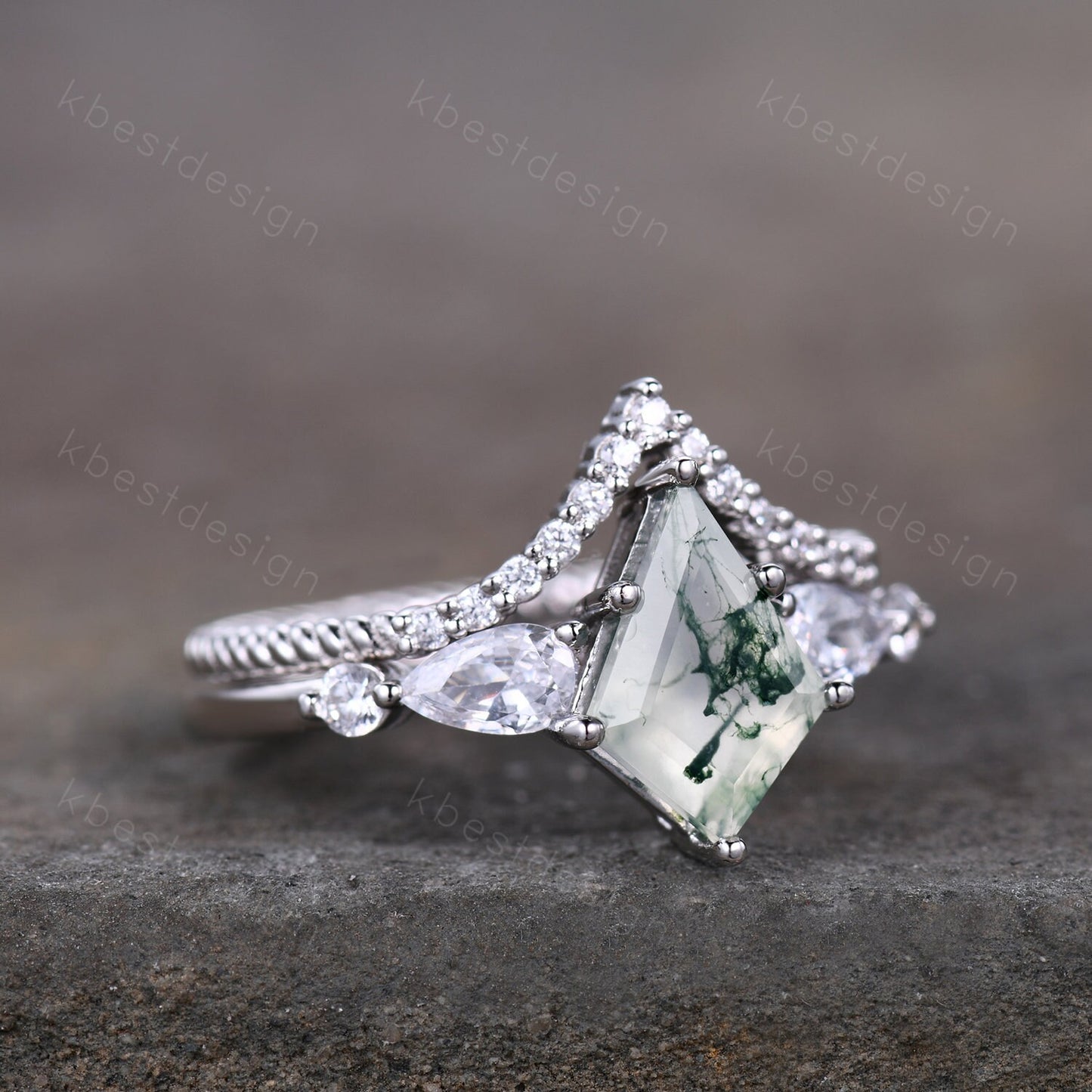 Vintage kite cut green moss agate engagement ring set sterling silver pear shaped wedding ring for women art deco bridal wedding set