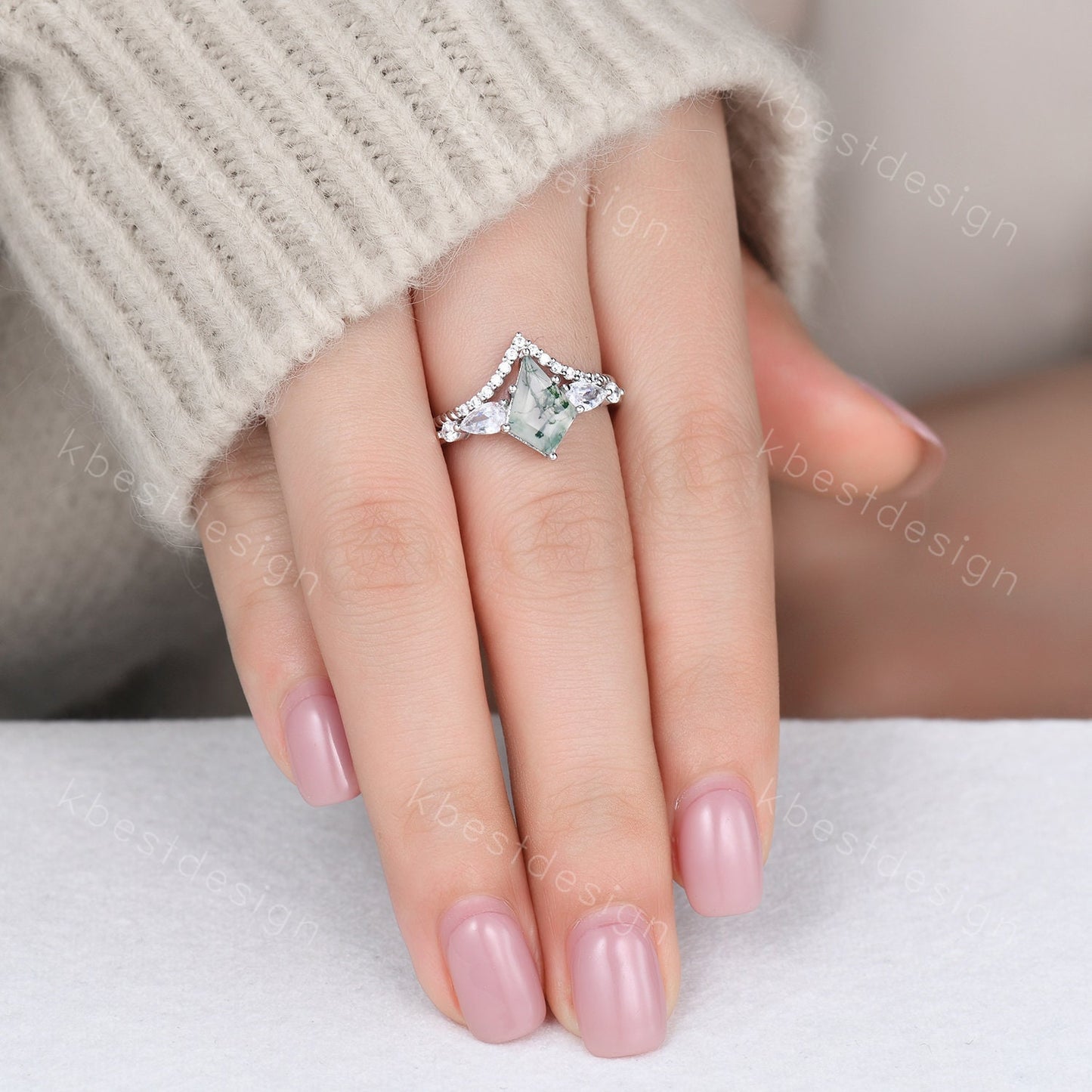 Vintage kite cut green moss agate engagement ring set sterling silver pear shaped wedding ring for women art deco bridal wedding set