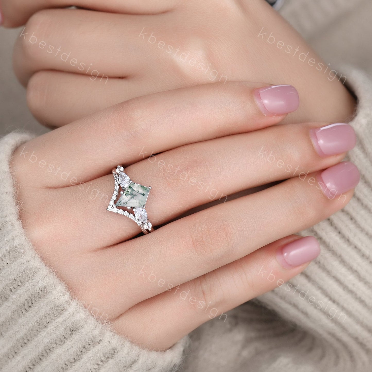 Vintage kite cut green moss agate engagement ring set sterling silver pear shaped wedding ring for women art deco bridal wedding set