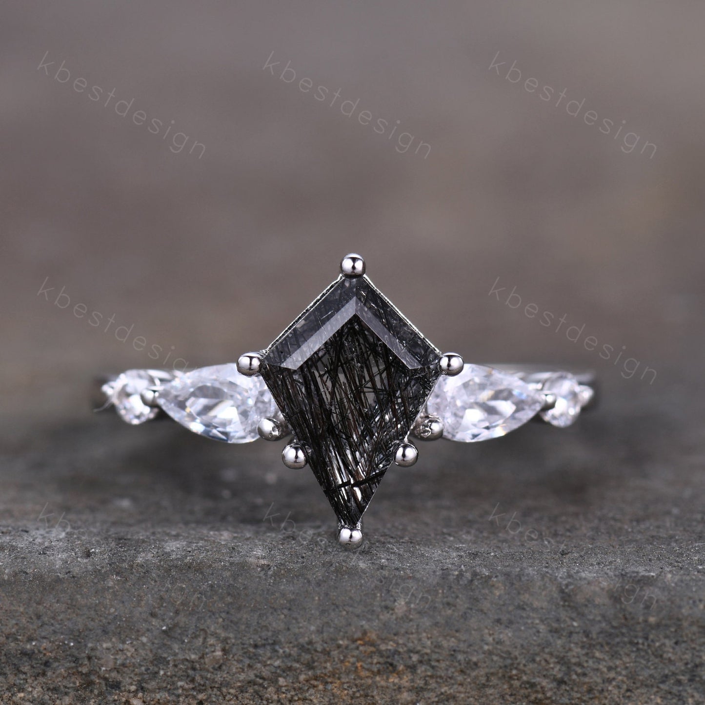 Vintage black rutilated quartz engagement ring rose gold kite cut ring art deco ring for women unique pear diamond bridal promise ring