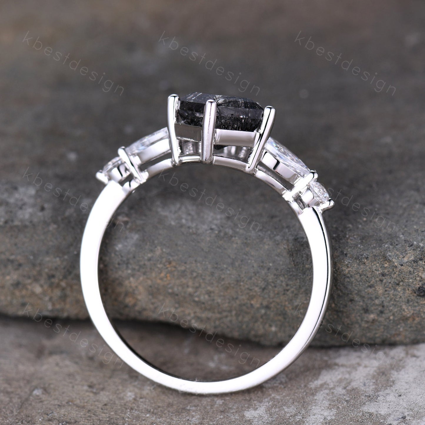 Vintage black rutilated quartz engagement ring rose gold kite cut ring art deco ring for women unique pear diamond bridal promise ring
