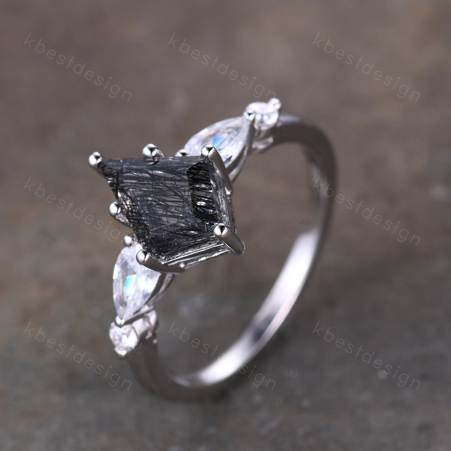 Vintage black rutilated quartz engagement ring rose gold kite cut ring art deco ring for women unique pear diamond bridal promise ring