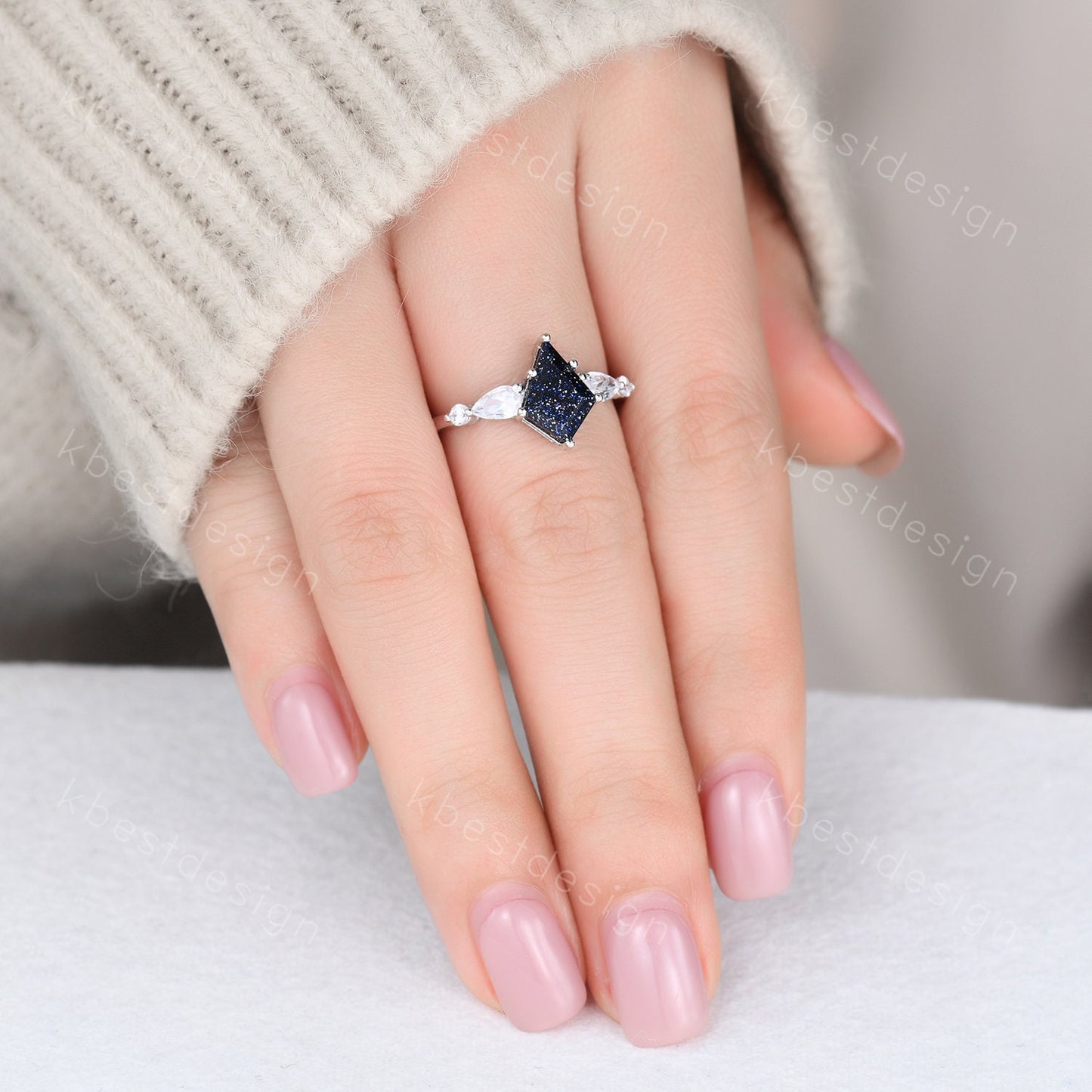 Kite cut blue sandstone engagement ring unique pear shaped diamond wedding ring for women sterling silver ring promise ring gift for her