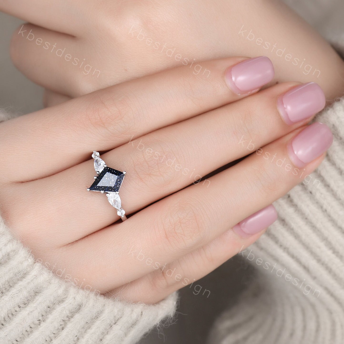 Kite cut blue sandstone engagement ring unique pear shaped diamond wedding ring for women sterling silver ring promise ring gift for her