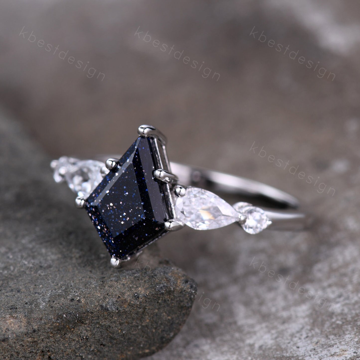 Kite cut blue sandstone engagement ring unique pear shaped diamond wedding ring for women sterling silver ring promise ring gift for her
