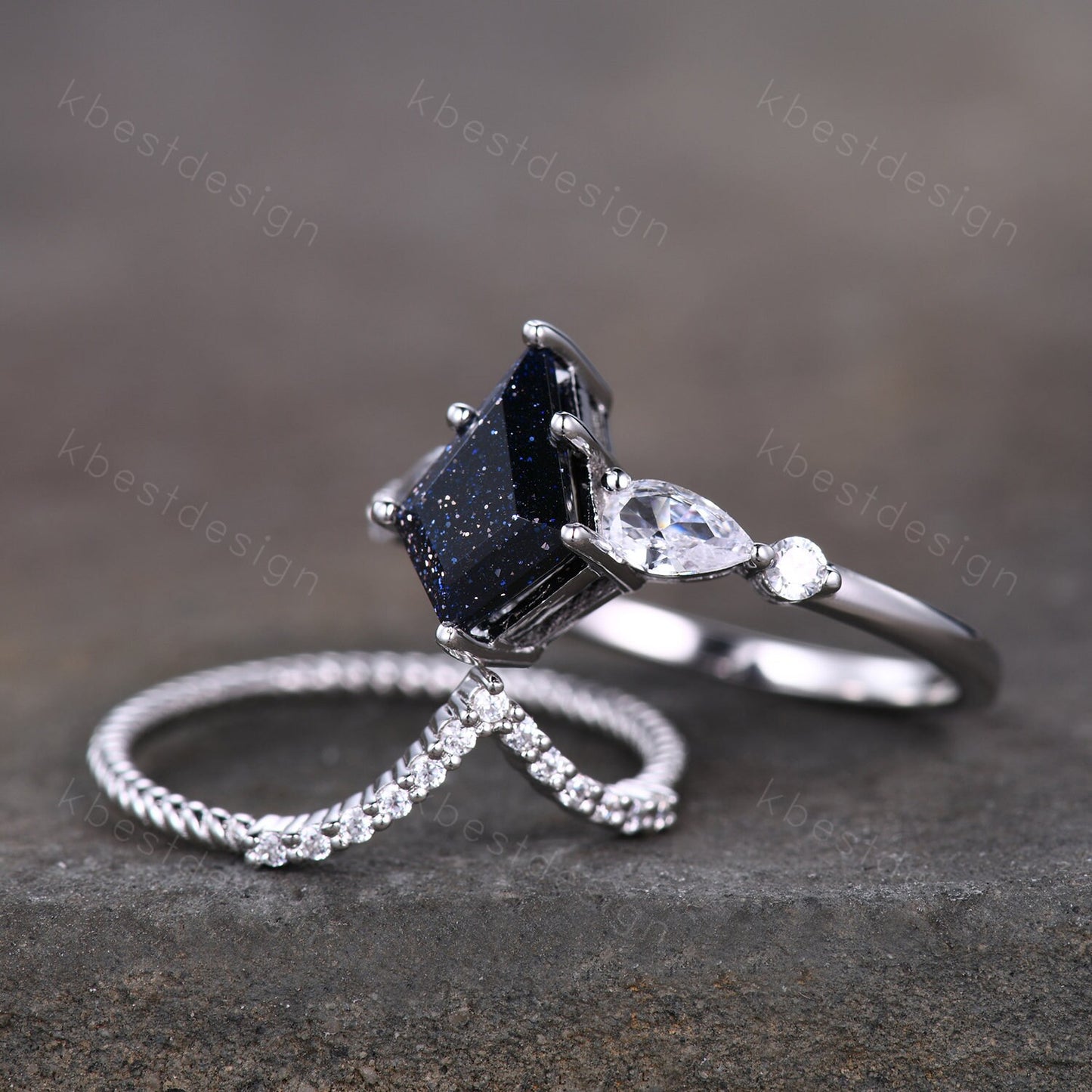 Vintage Kite Cut Blue Sandstone Engagement Ring Set Sterling Silver Ring Unique Pear Shaped Diamond Wedding Bridal Ring Promise Anniversary
