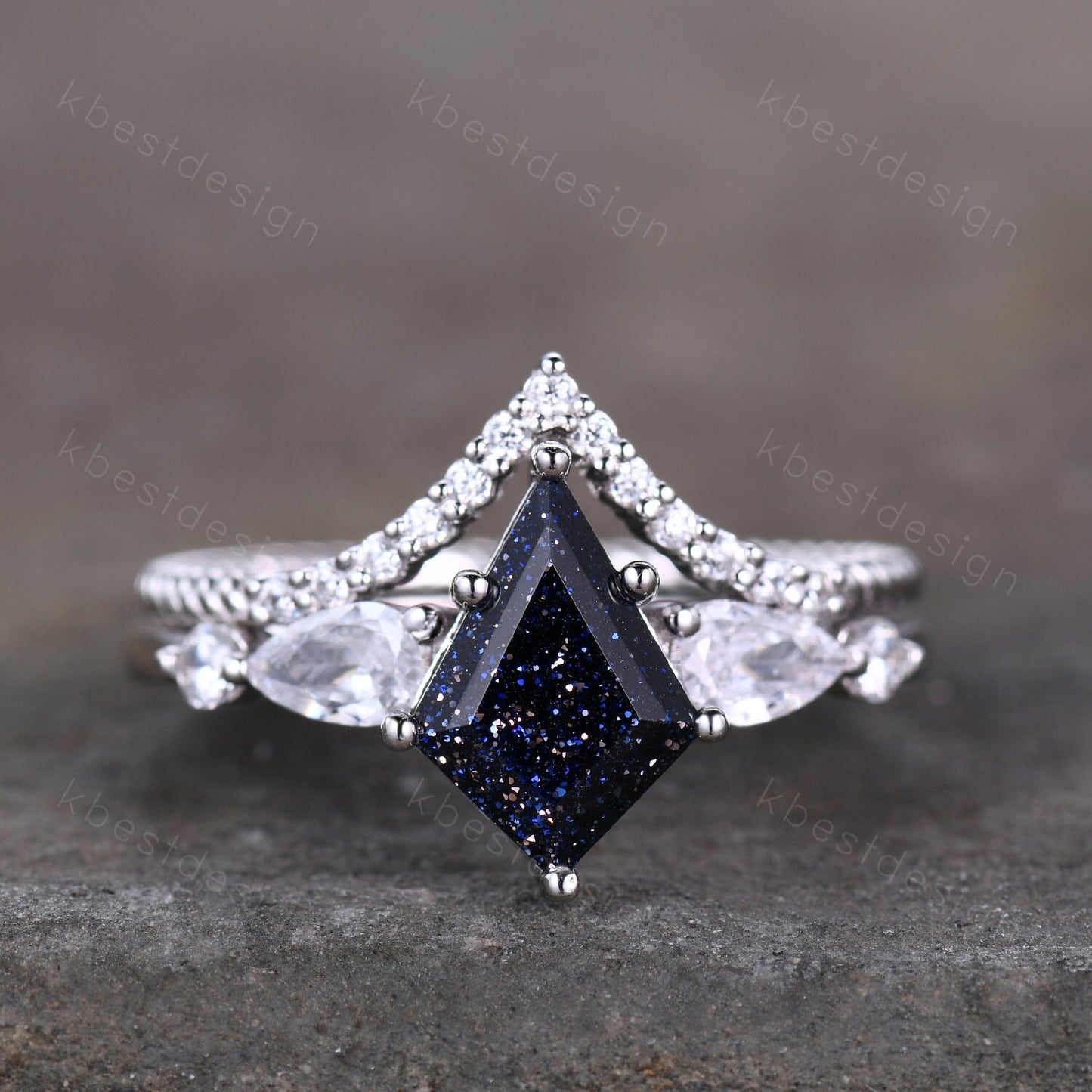 Vintage Kite Cut Blue Sandstone Engagement Ring Set Sterling Silver Ring Unique Pear Shaped Diamond Wedding Bridal Ring Promise Anniversary