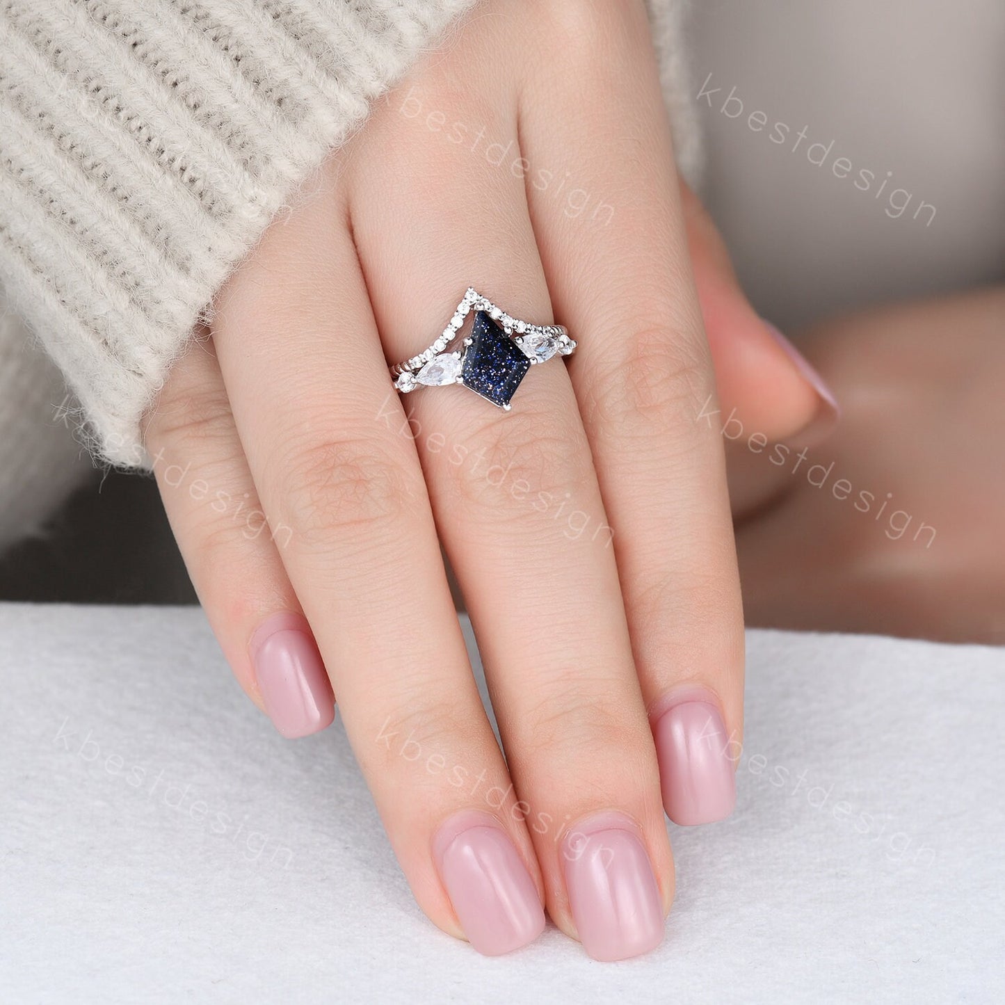 Vintage Kite Cut Blue Sandstone Engagement Ring Set Sterling Silver Ring Unique Pear Shaped Diamond Wedding Bridal Ring Promise Anniversary