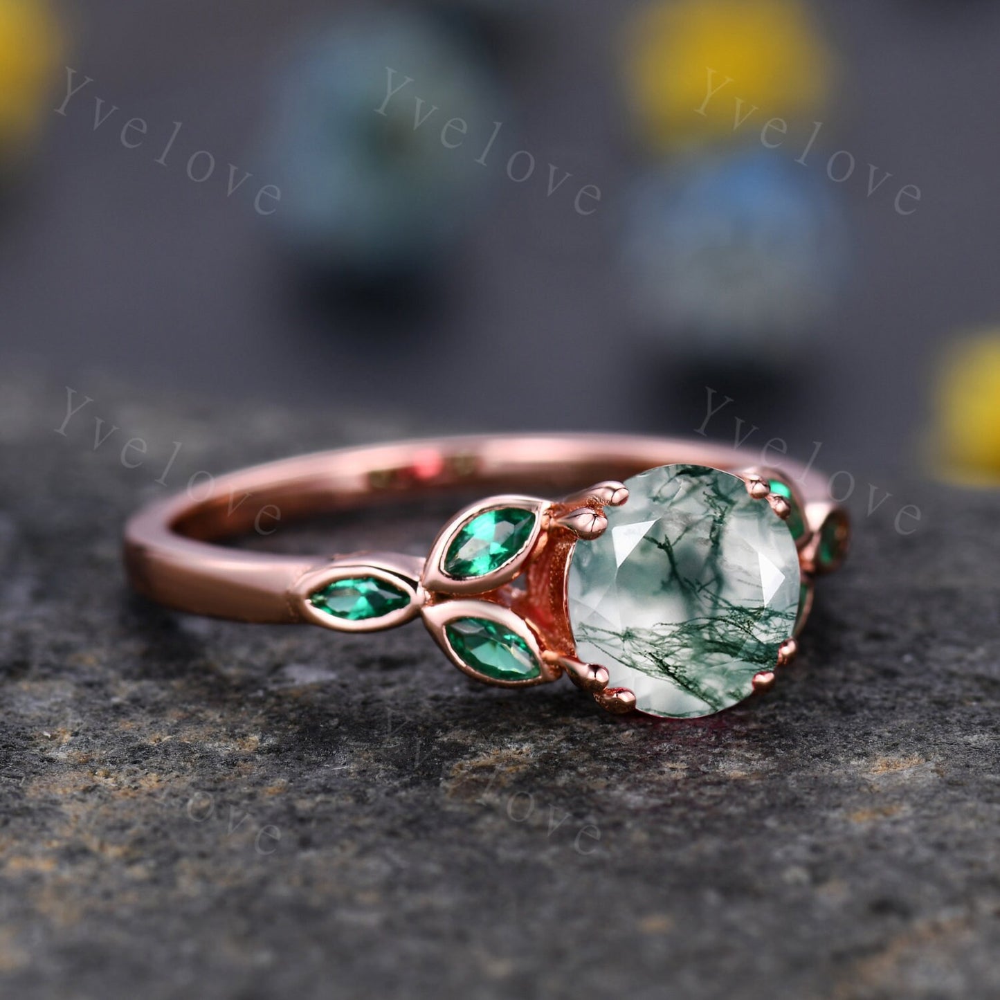 7mm round moss agate engagement ring leaf marquise emerald stones vintage moss agate wedding ring floral ring promise anniversary gift