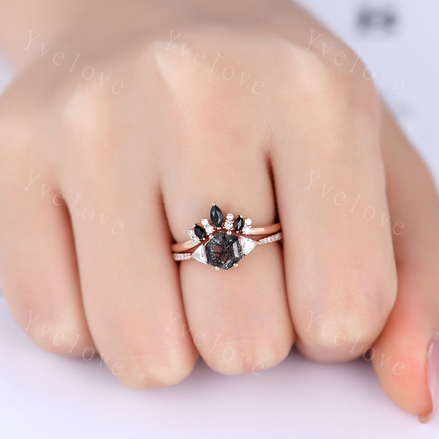 Hexagon Cut Black Rutilated Quartz Engagement Ring,Vingate Bridal Ring Set,Three Stone Engagement Ring,Anniversary Birthday Gift 925 Silver