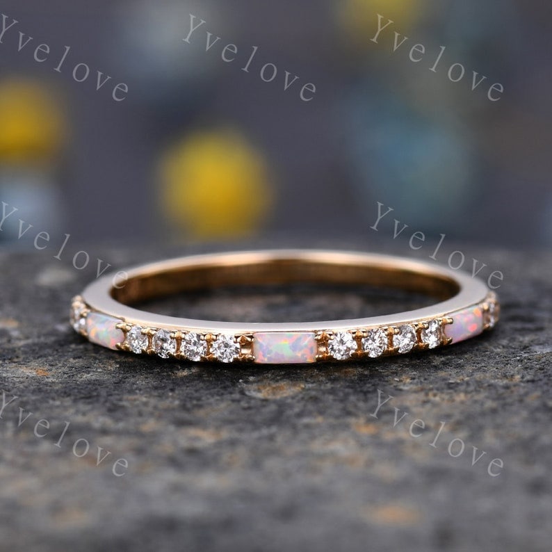 White Fire Opal Diamond Wedding Ring,Baguette Opal,Minimalist Ring,1.5mm Pave Band,14K Rose Gold,Half Eternity StackingBand,Anniversary Gift