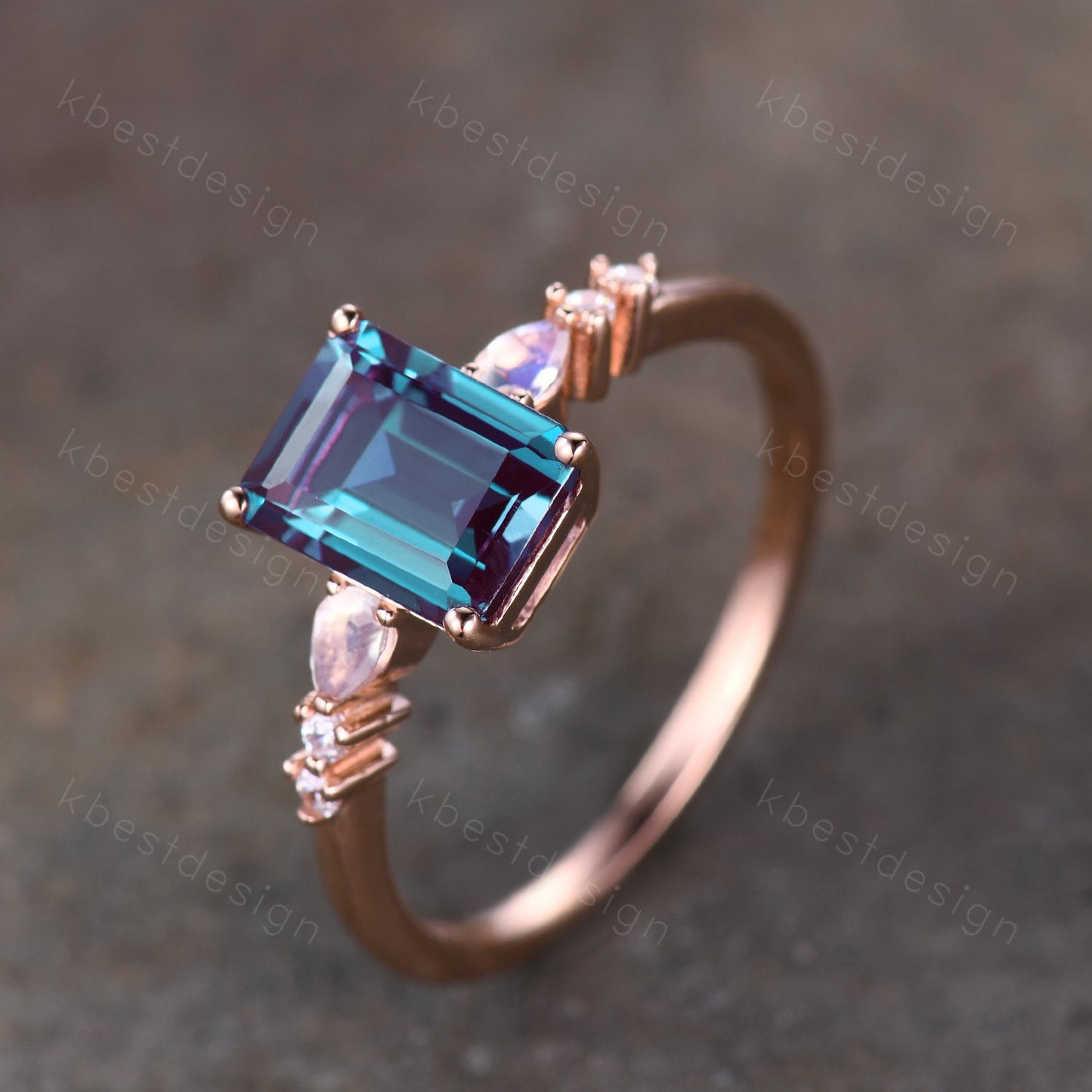 Emerald cut Alexandrite ring rose gold ring for women vintage unique Alexandrite engagement ring pear moonstone wedding ring Promise ring