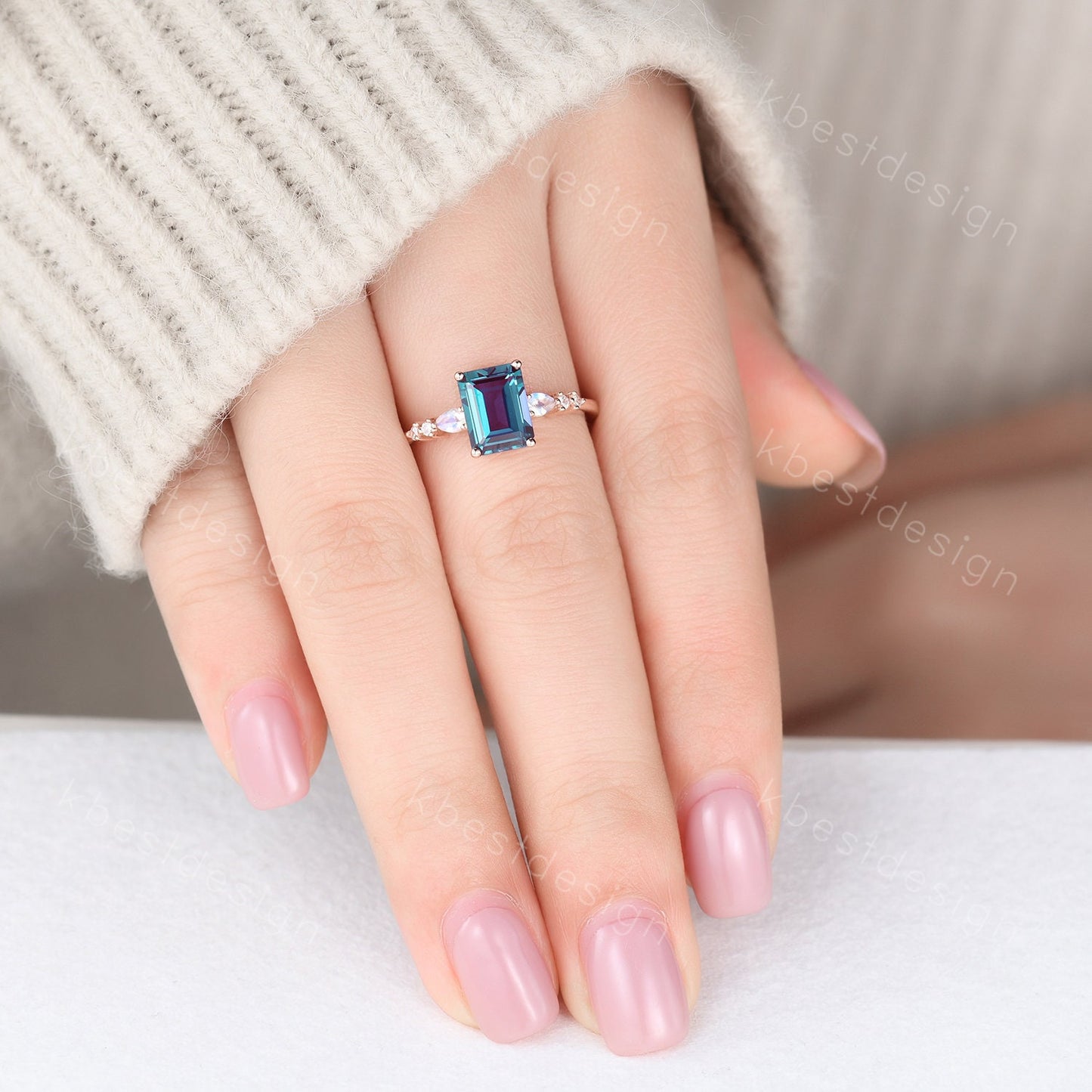 Emerald cut Alexandrite ring rose gold ring for women vintage unique Alexandrite engagement ring pear moonstone wedding ring Promise ring